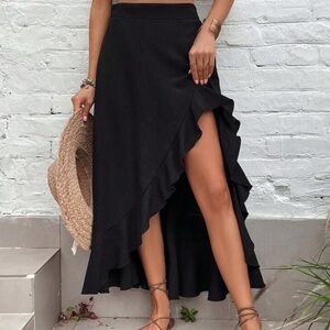 Black High Waisted Ruffle Slit Maxi Skirt Size L Flowy Casual